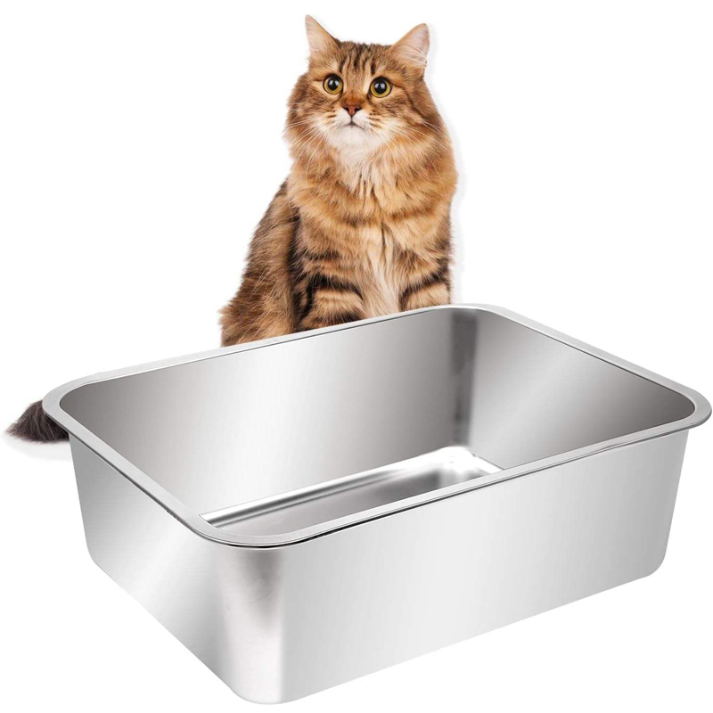 Large Stainless Steel Open Cat Litter Box with High Sides