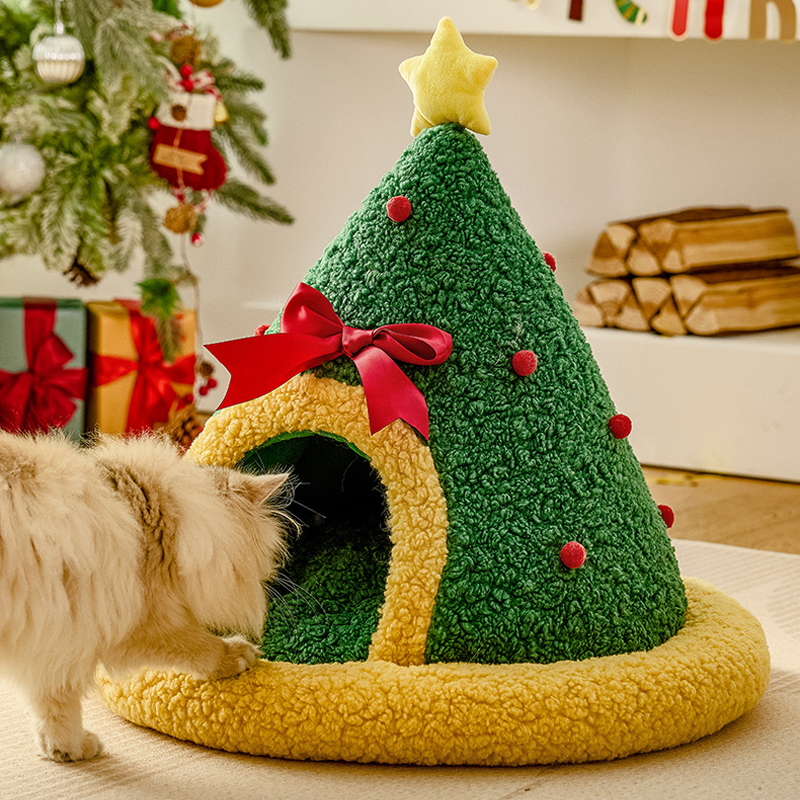 Christmas Winter Semi-enclosed Pet Bed Warm Cat House - Image 2